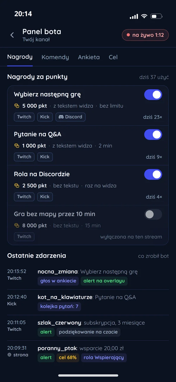 Panel bota na telefonie: nagrody za punkty kanału na Twitchu, Kicku i Discordzie oraz ostatnie zdarzenia z tym, co zrobił bot