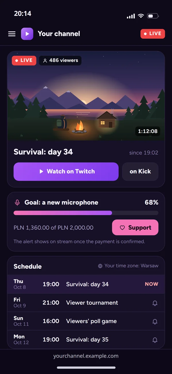 The channel's website on a phone during a stream: the live status, the support goal with its button and the schedule in the viewer's time zone