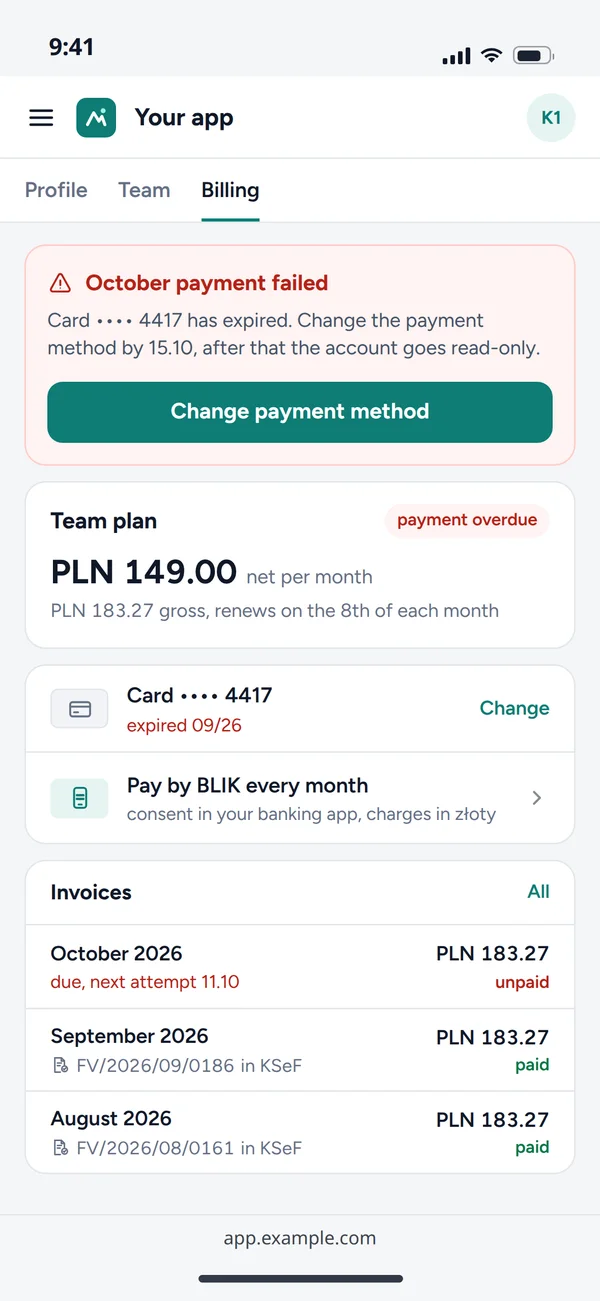 The customer's billing in the app on a phone: the failed payment notice, the plan, the payment method, monthly BLIK and the invoices