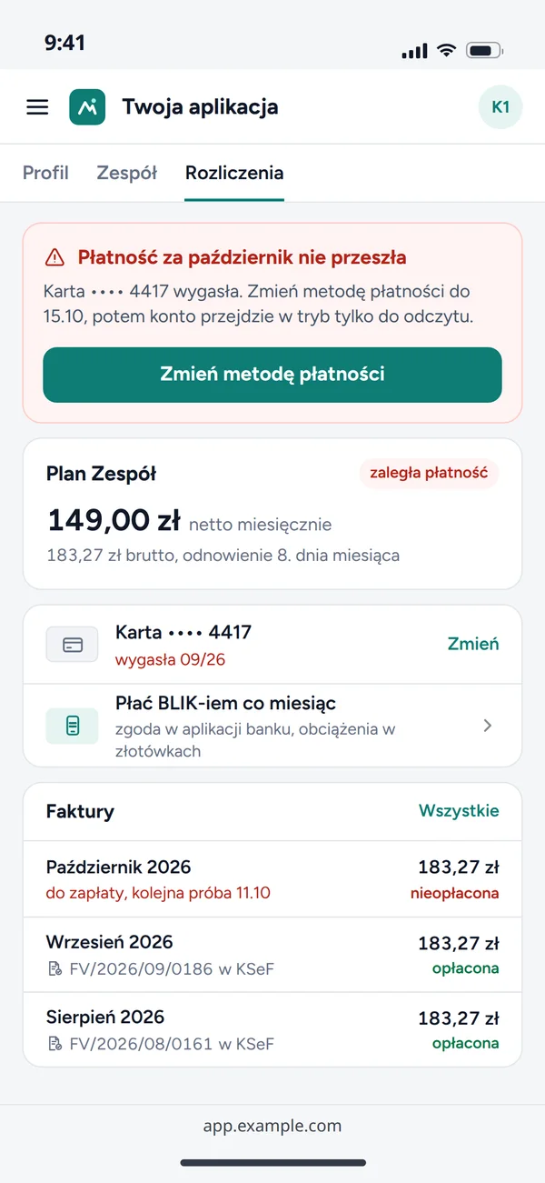 Rozliczenia klienta w aplikacji na telefonie: komunikat o nieudanej płatności, plan, metoda płatności, BLIK co miesiąc i faktury