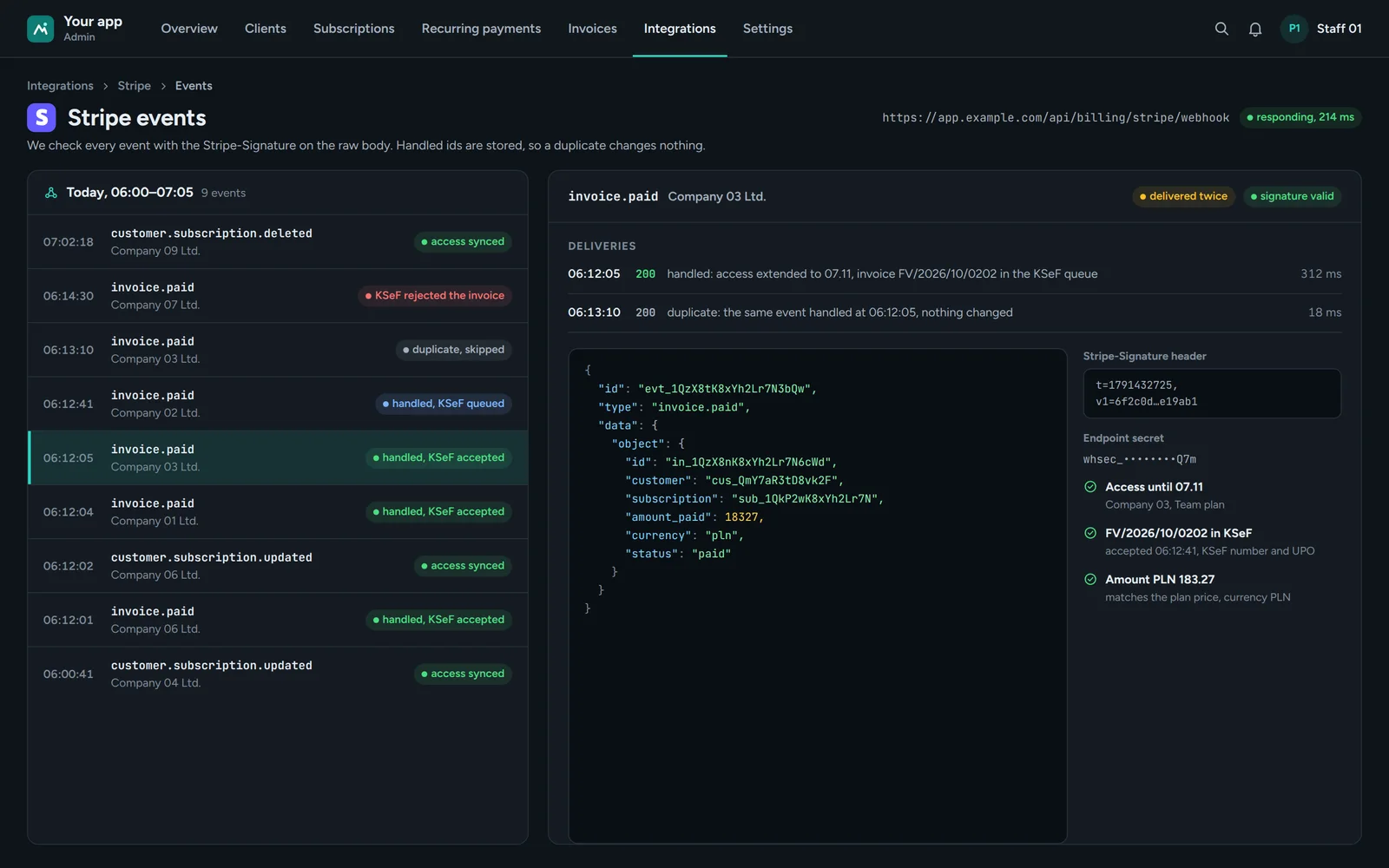 An app panel: an hour of Stripe events, an invoice.paid event delivered twice, the Stripe-Signature header, the endpoint secret and the invoice in KSeF