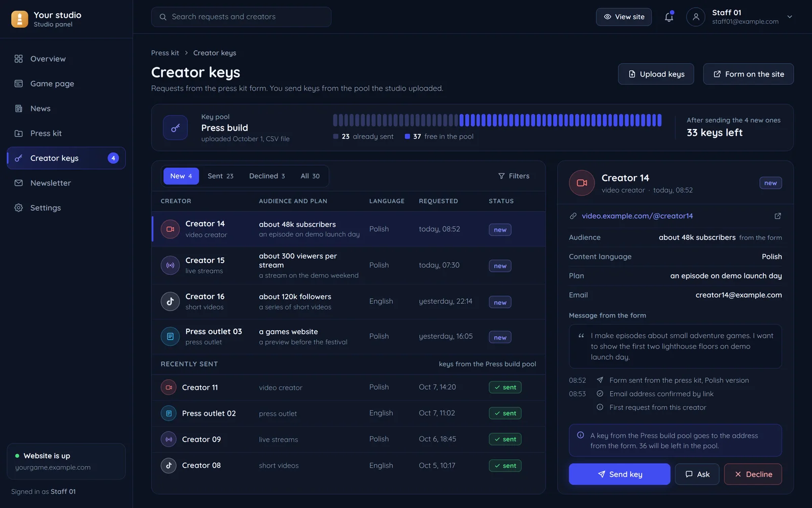 Sample studio panel with creator requests and a key pool