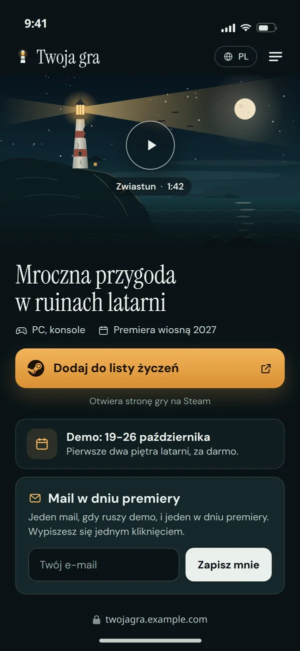 Przykładowa strona gry na telefonie ze zwiastunem i przyciskiem listy życzeń