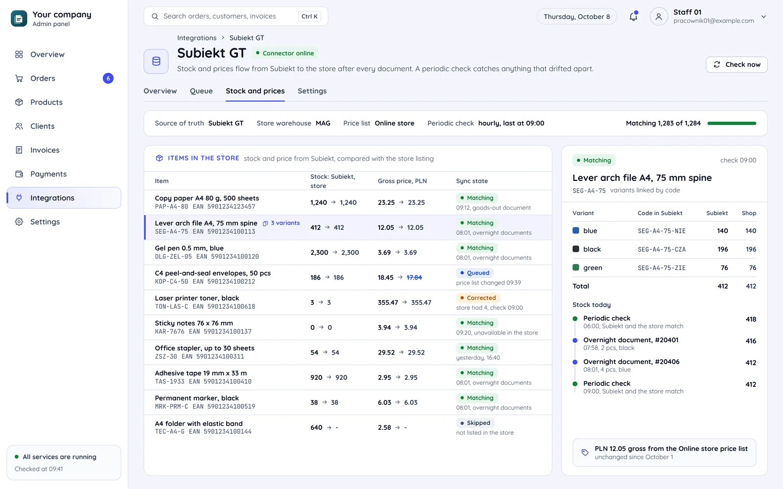 The Stock and prices tab of the Subiekt GT connector: the source of truth, the store's warehouse and price list, the items with stock and price in Subiekt and in the store, and the variants of a file matched by code