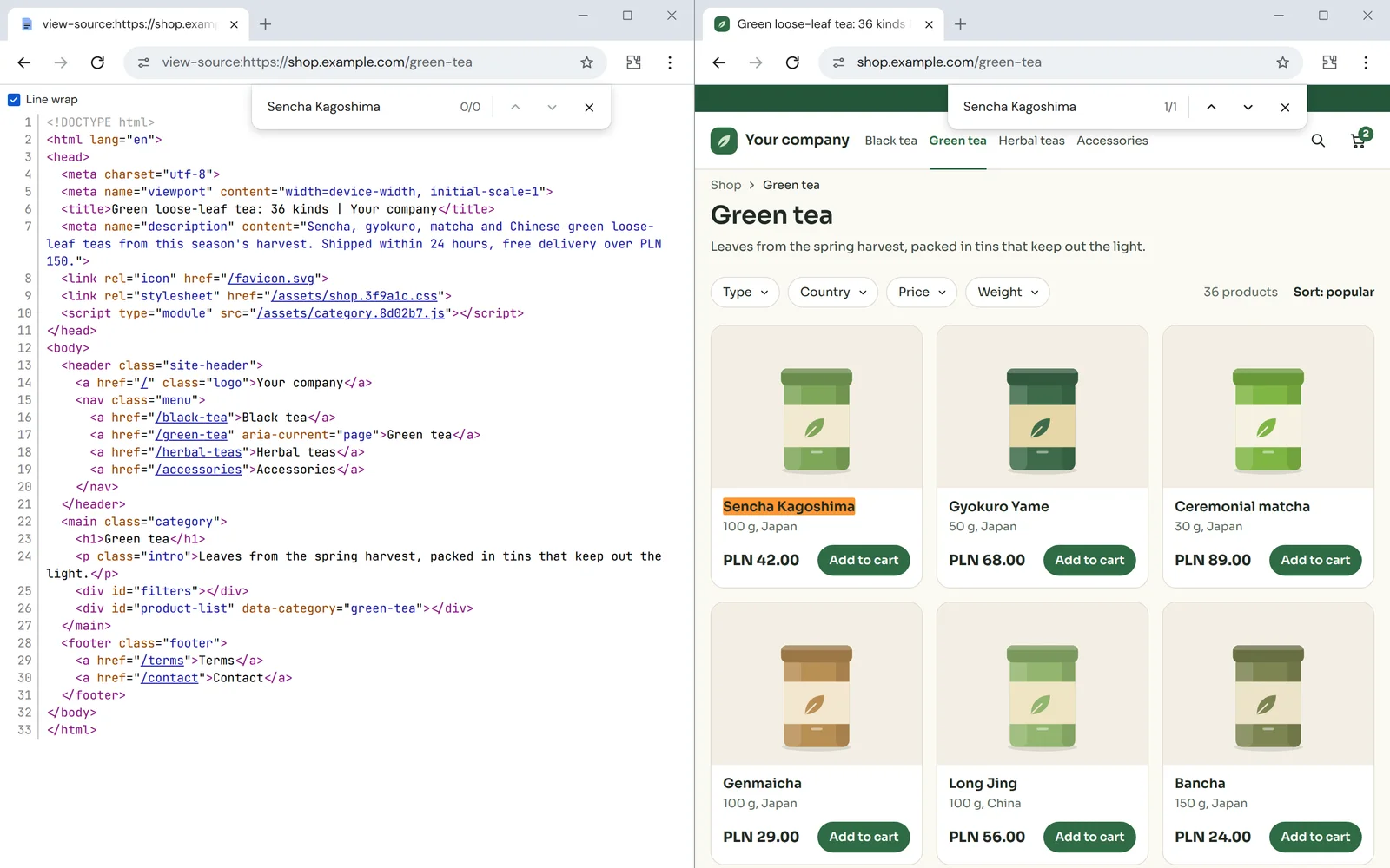 The first HTML of the shop's category beside the same page after its scripts run