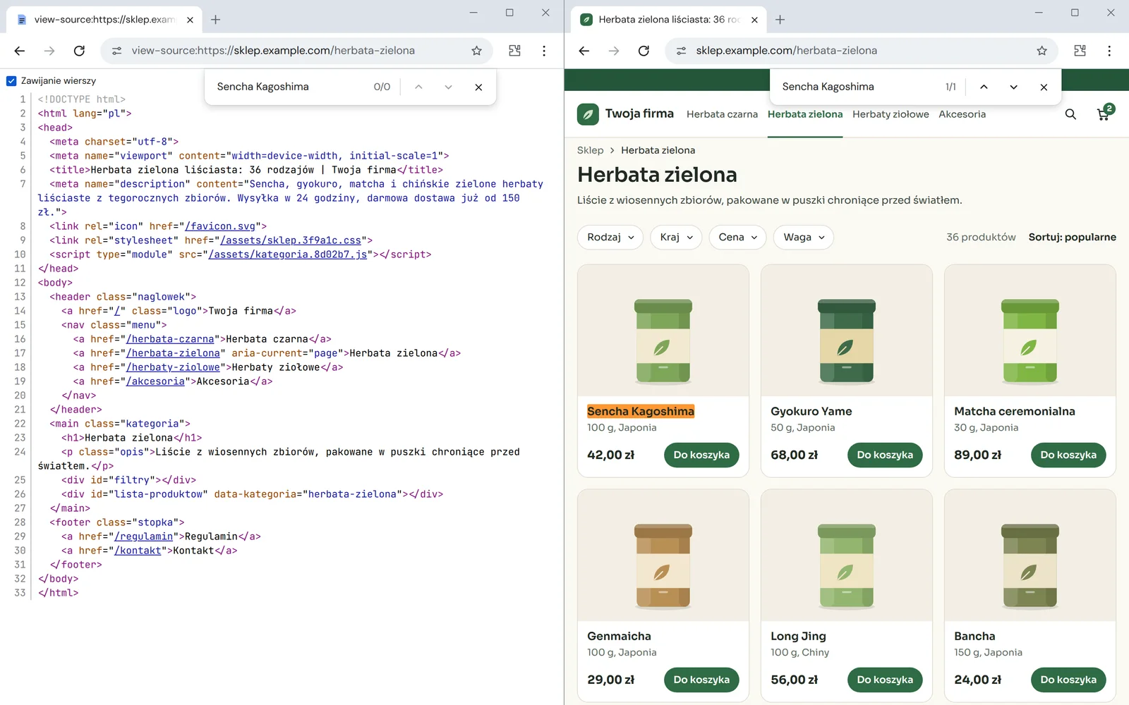 Pierwszy HTML kategorii sklepu obok tej samej strony po uruchomieniu skryptów