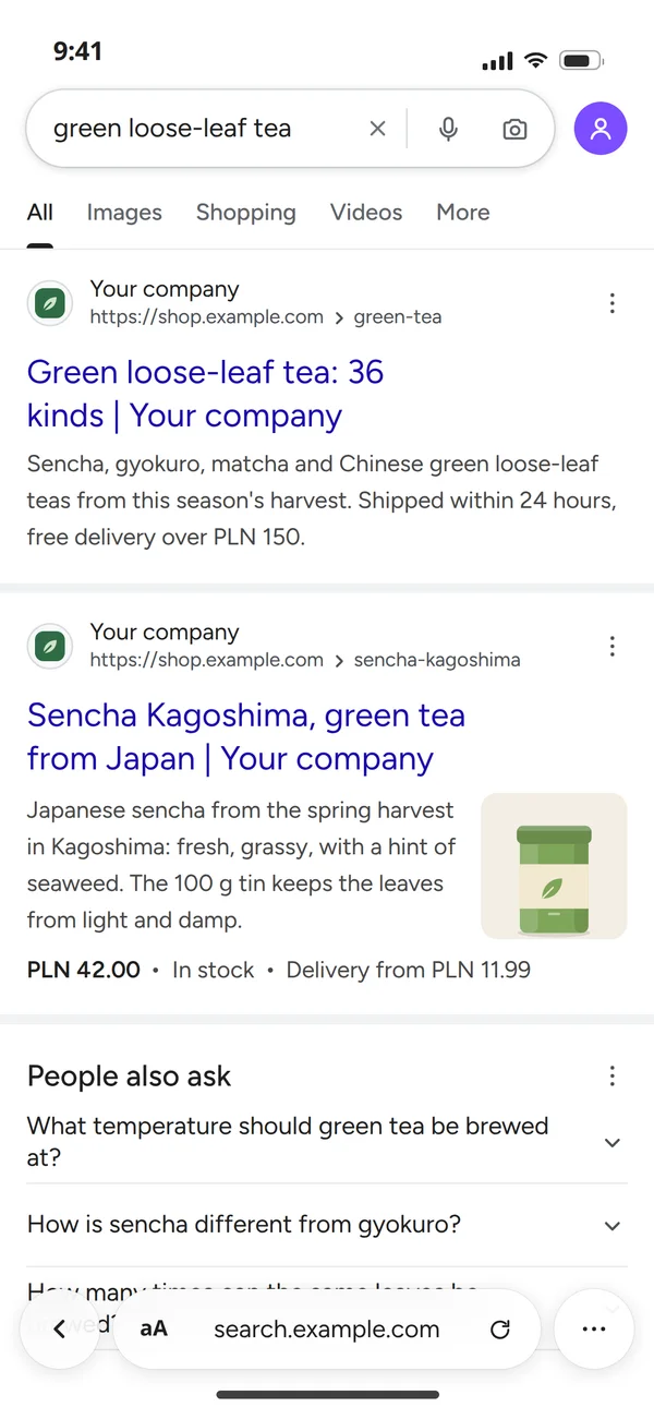 The shop's search results on a phone after the fixes