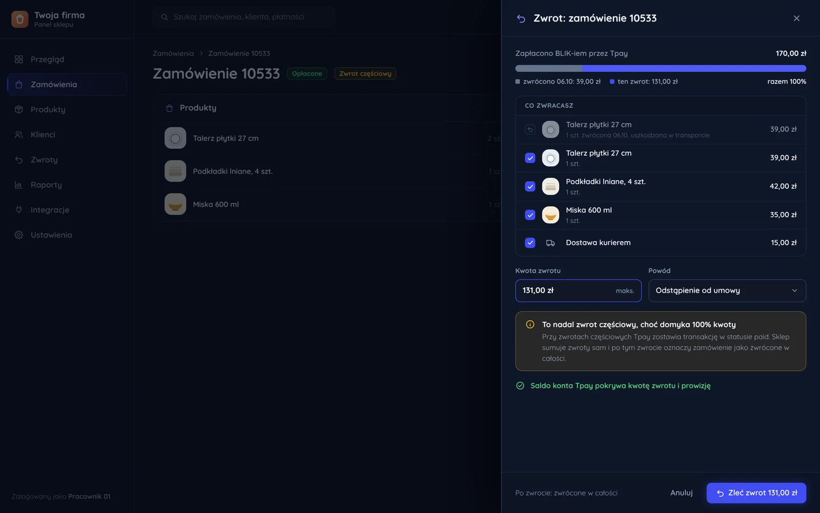 Zwrot do zamówienia 10533 w panelu sklepu: drugi zwrot częściowy domyka 100% kwoty, ostrzeżenie o statusie i sprawdzone saldo konta Tpay