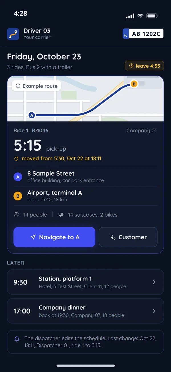 The driver's day on a phone: three rides, the first moved to 5:15 by the dispatcher
