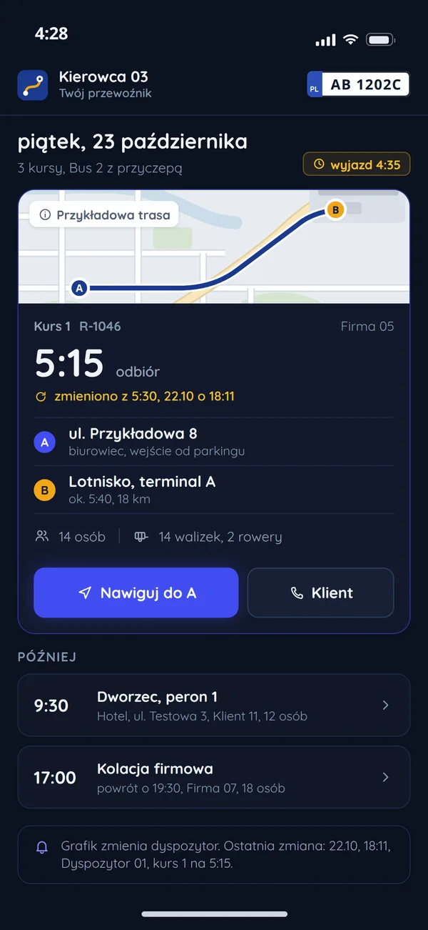 Dzień kierowcy na telefonie: trzy kursy, pierwszy przesunięty przez dyspozytora na 5:15