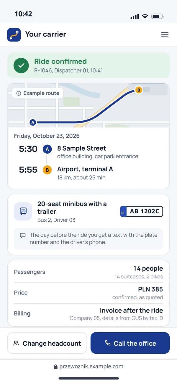 Transfer confirmation with vehicle and driver