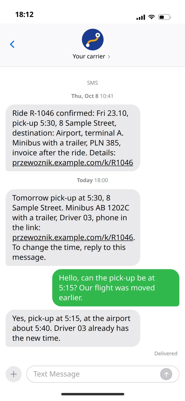 SMS reminder before the ride
