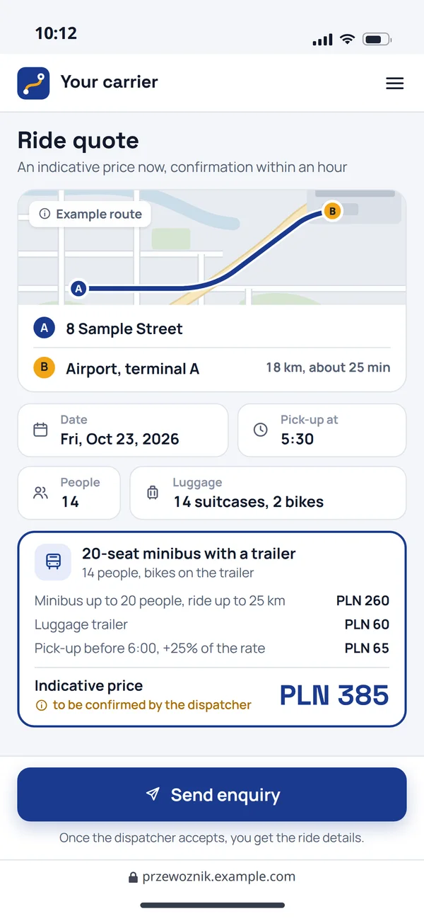Ride quote form with an indicative price