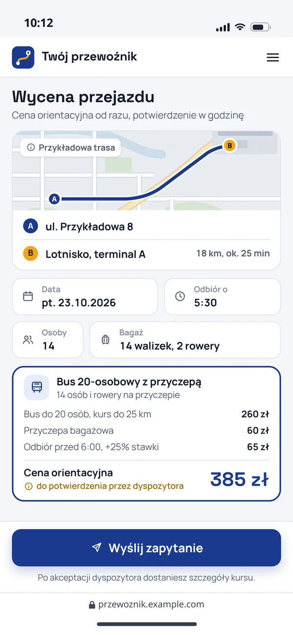 Formularz wyceny przejazdu z ceną orientacyjną
