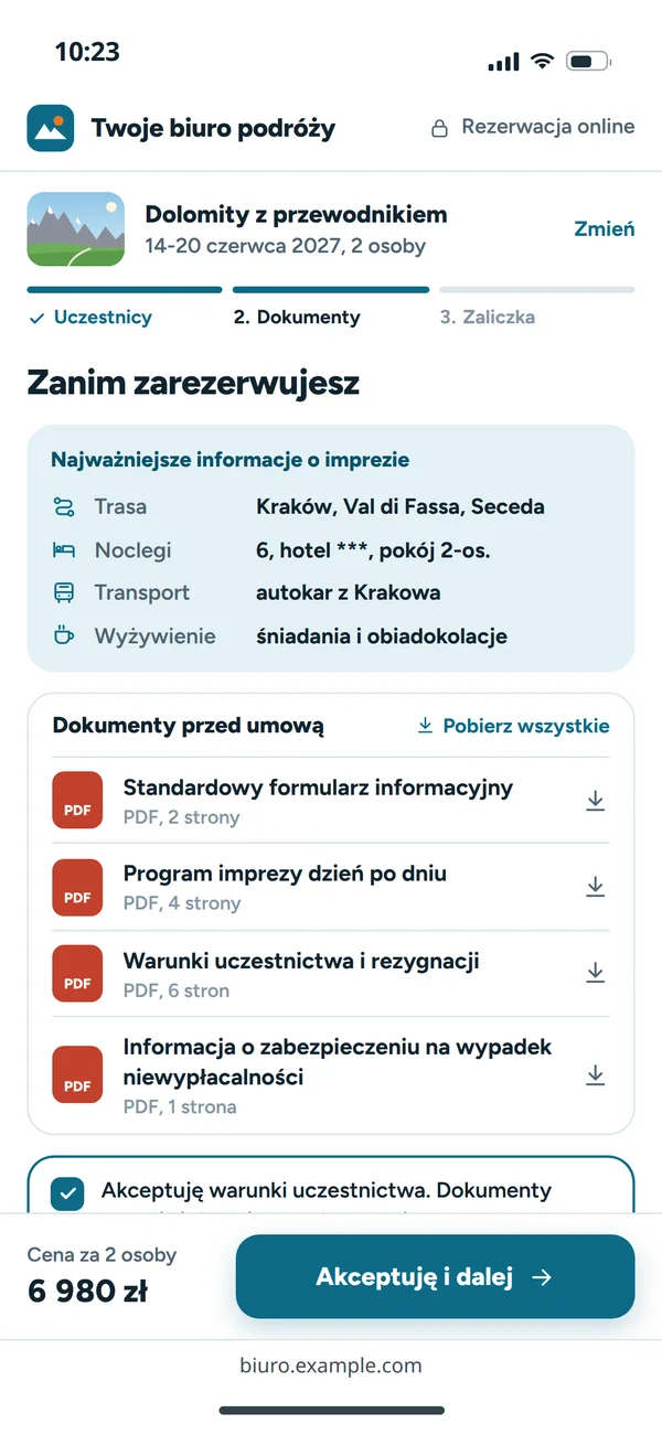 Lista dokumentów do akceptacji przed rezerwacją