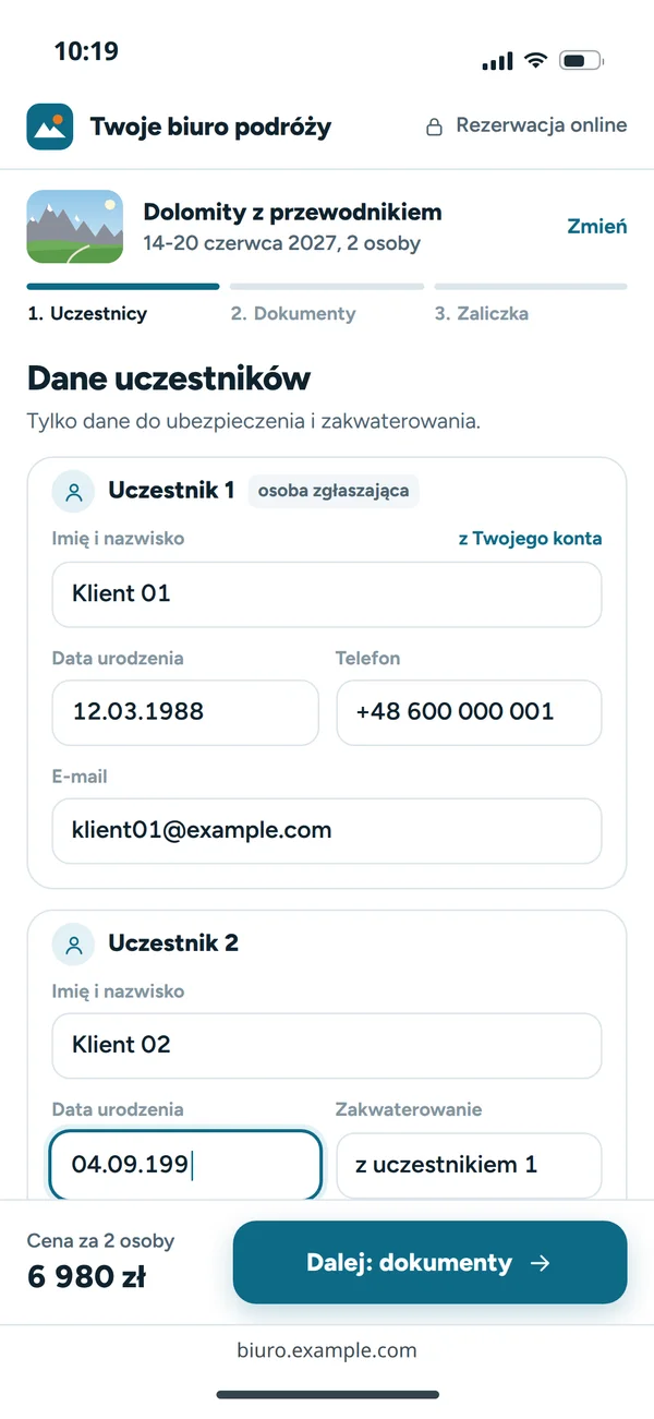 Formularz danych uczestników wycieczki