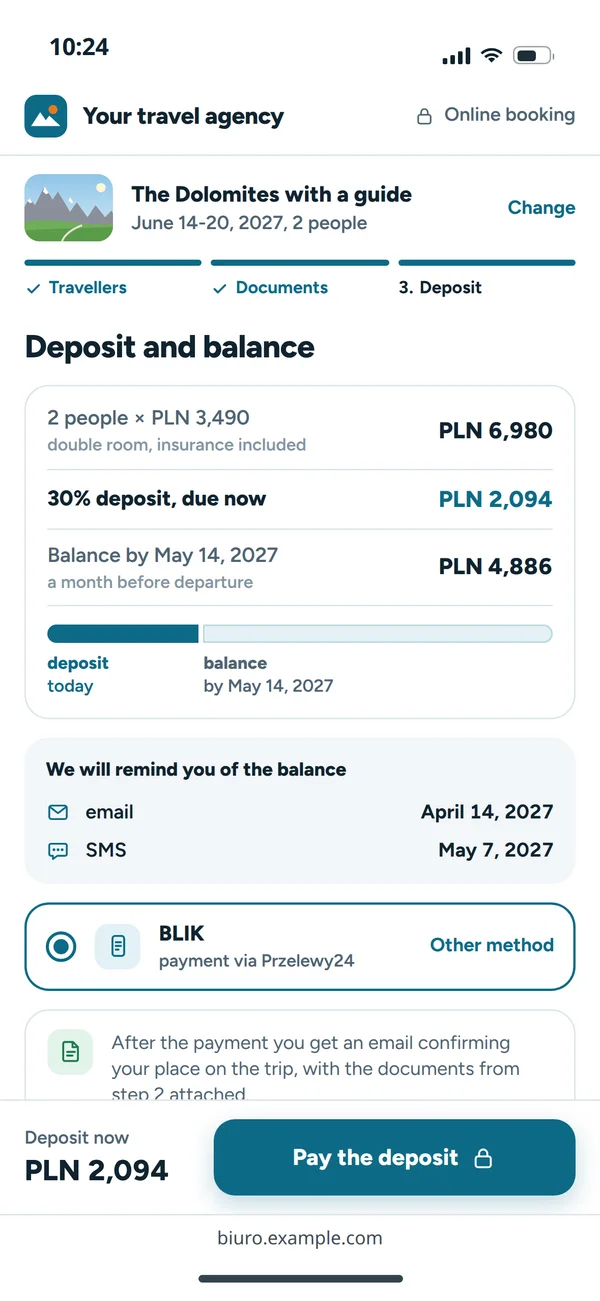 Deposit summary and balance due date