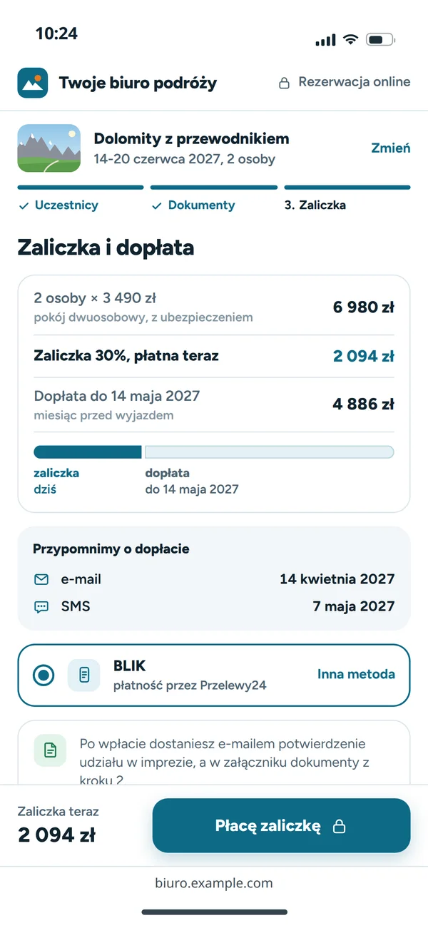 Podsumowanie zaliczki i terminu dopłaty