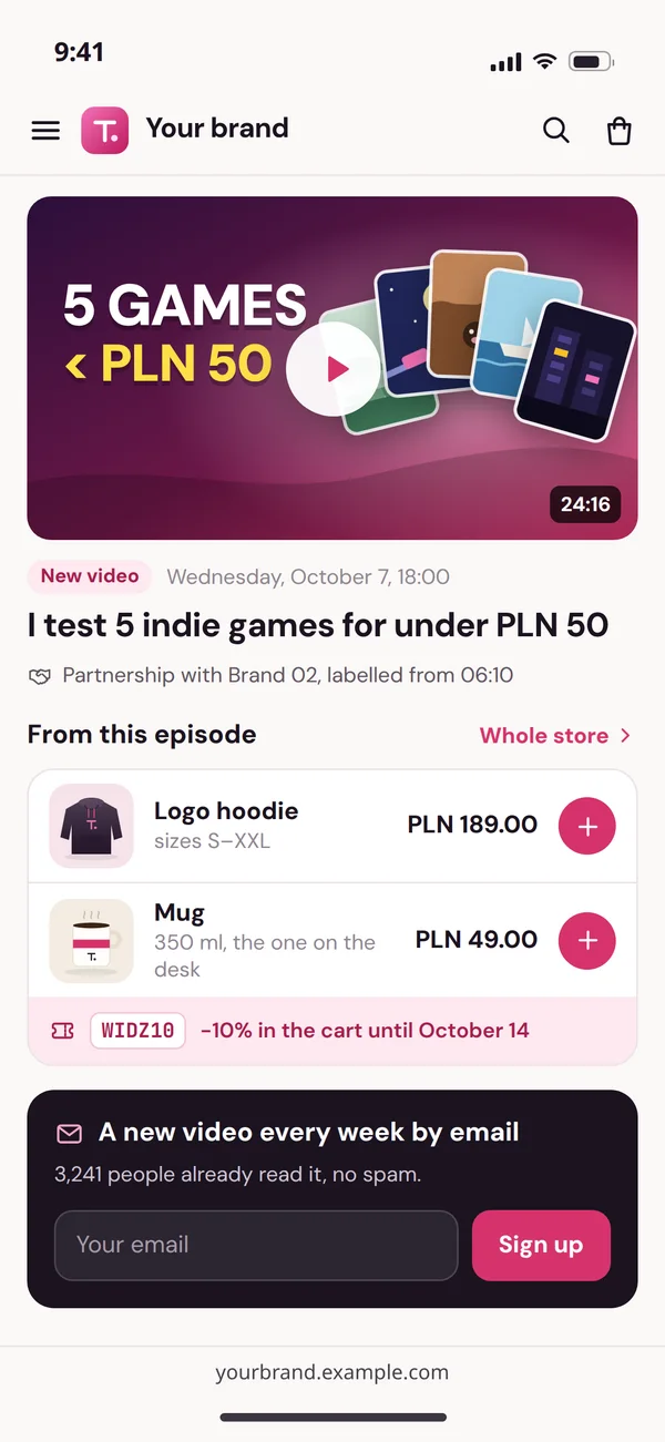 A video page on a creator's website on a phone: a labelled partnership, products from the episode with a discount code and a newsletter sign-up