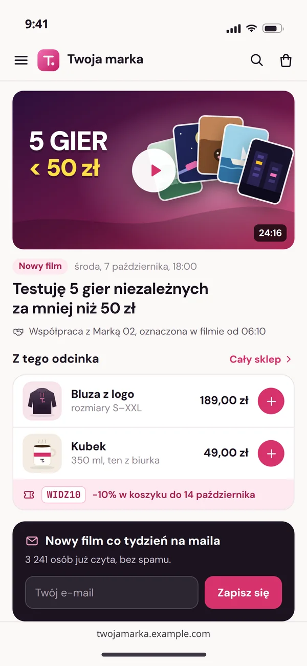 Strona filmu na stronie twórcy na telefonie: oznaczona współpraca, produkty z odcinka z kodem rabatowym i zapis na newsletter