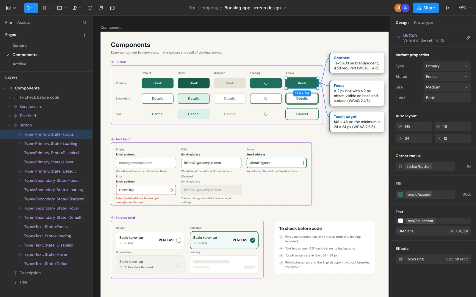 The components board of the design file: buttons, text fields and service cards in every state, with notes on contrast, focus and touch target
