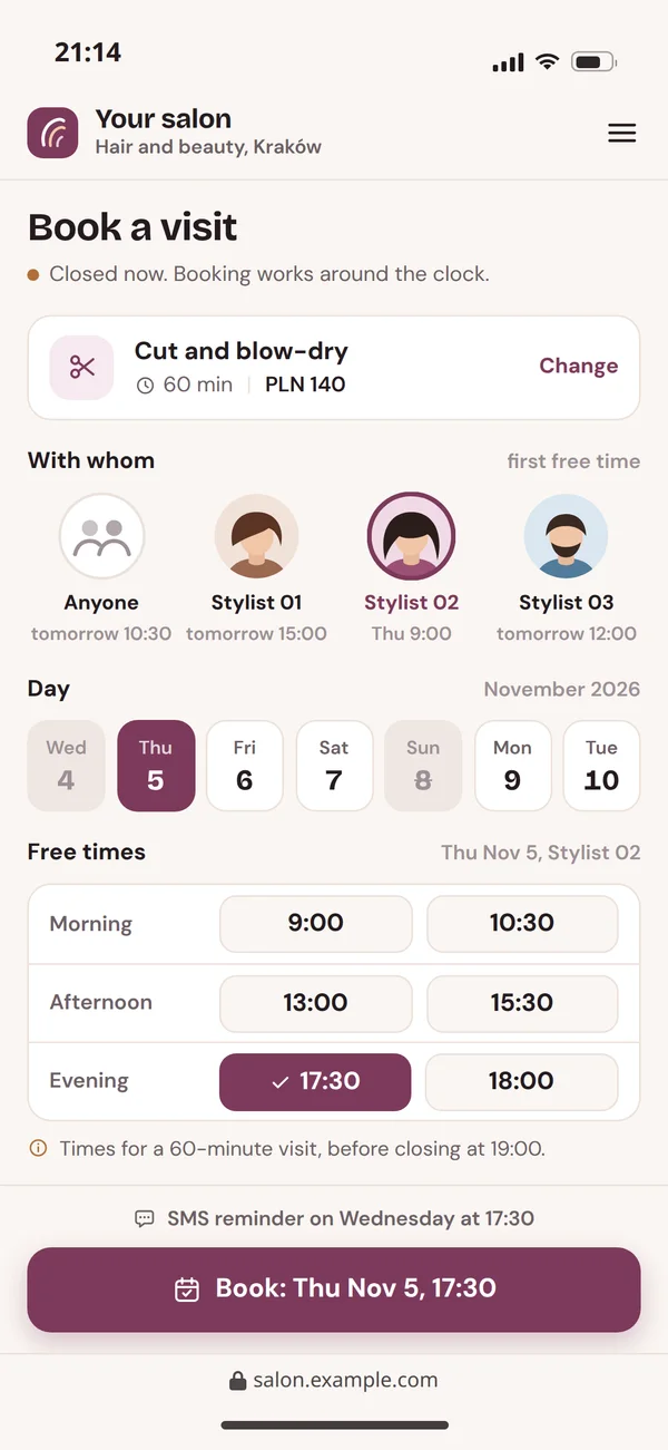 Salon appointment booking with free times