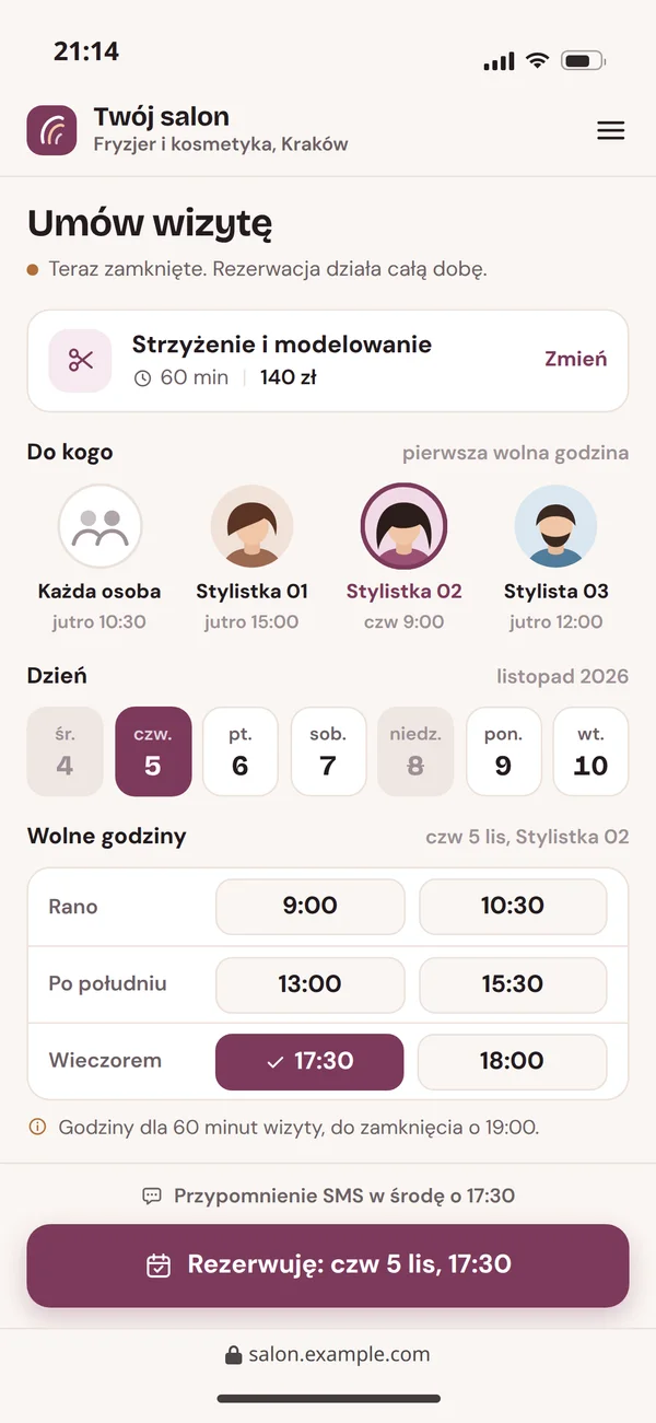 Rezerwacja wizyty w salonie z wolnymi godzinami