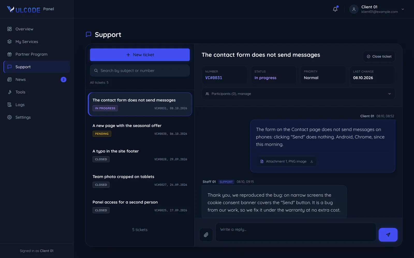 A sample screen of the VulCode client panel: the Support section with the company website's tickets and the open ticket The contact form does not send messages, with the client's description, a screenshot attached, the team's reply and the Close ticket button