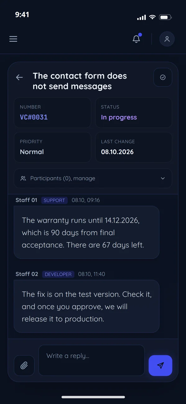 A sample phone screen: ticket VC#0031 The contact form does not send messages, in progress, with the reply that the warranty runs until 14.12.2026, 90 days from final acceptance, with 67 days left, and a message that the fix is on the test version