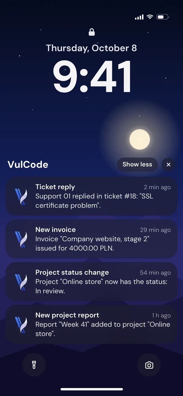 A locked iPhone with four VulCode panel notifications: a ticket reply, a new invoice, a project status and a report