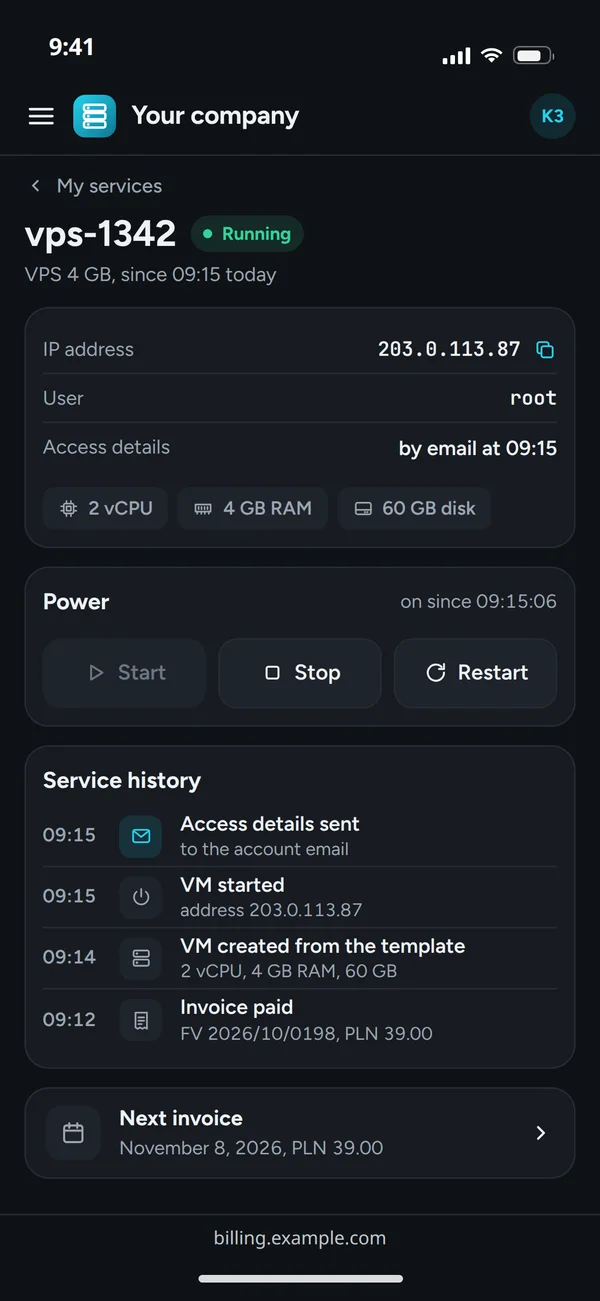 The vps-1342 service in the client area on a phone: the IP address, access details sent by email, power buttons and the history from the paid invoice to the access details