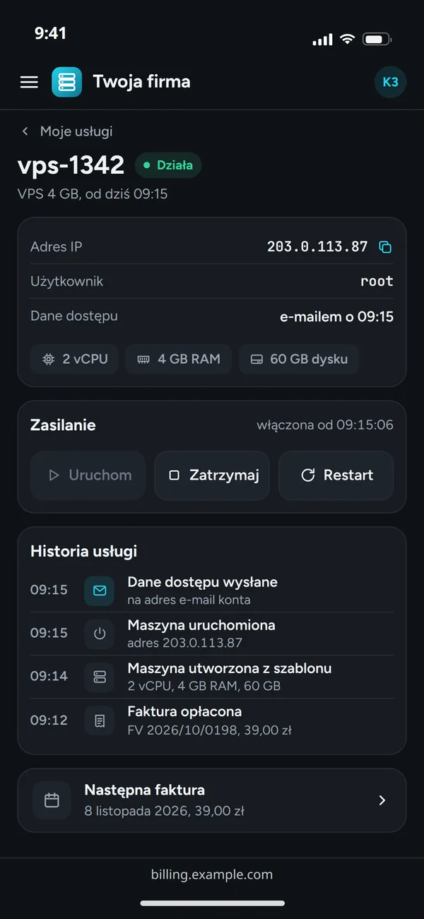 Usługa vps-1342 w panelu klienta na telefonie: adres IP, dane dostępu wysłane e-mailem, przyciski zasilania i historia od opłaconej faktury do wysłania danych dostępu