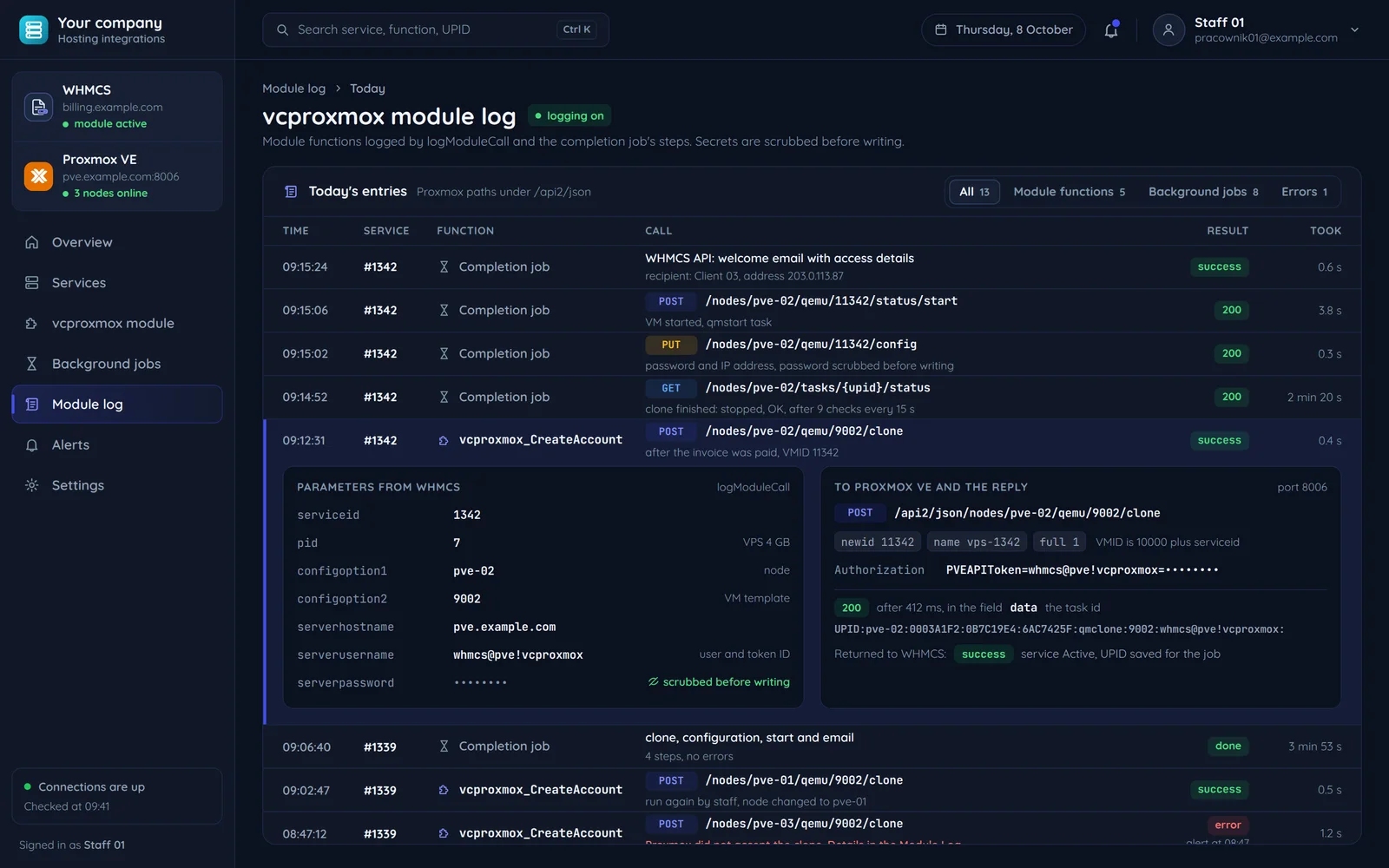 The vcproxmox module log: a CreateAccount entry with the parameters from WHMCS, the template clone in Proxmox VE, the UPID task id and the completion job