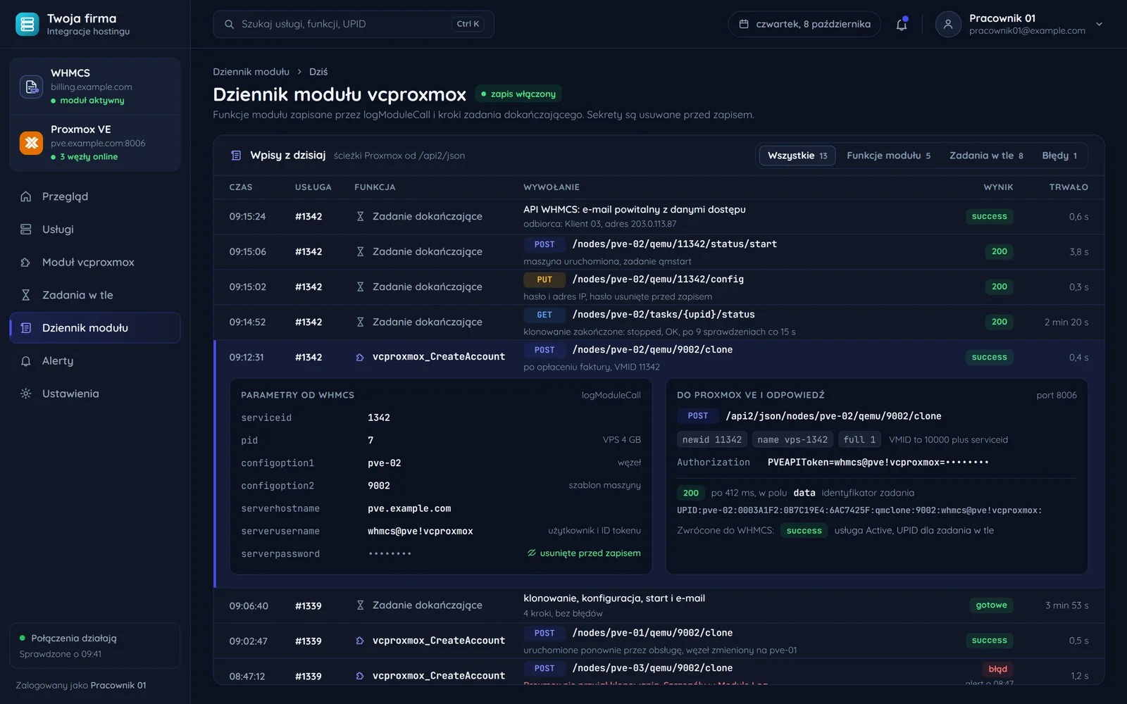 Dziennik modułu vcproxmox: wpis CreateAccount z parametrami od WHMCS, klonowaniem szablonu w Proxmox VE, identyfikatorem zadania UPID i zadaniem dokańczającym