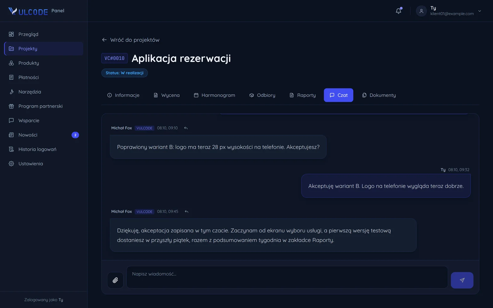 Czat projektu w panelu klienta VulCode: grafik z Aphrodi i programista VulCode odpowiadają klientowi w jednym wątku