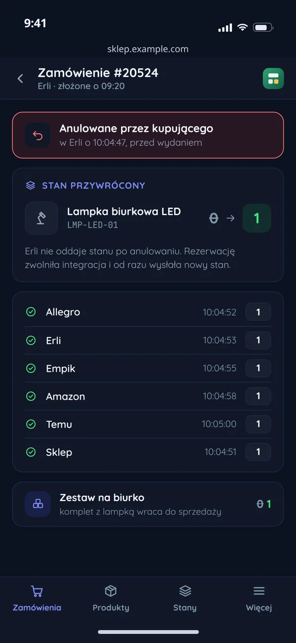 Zamówienie z Erli anulowane przez kupującego przed wydaniem na telefonie: stan lampki przywrócony z 0 na 1 przez integrację i wysłany do sześciu kanałów, komplet z lampką wraca do sprzedaży