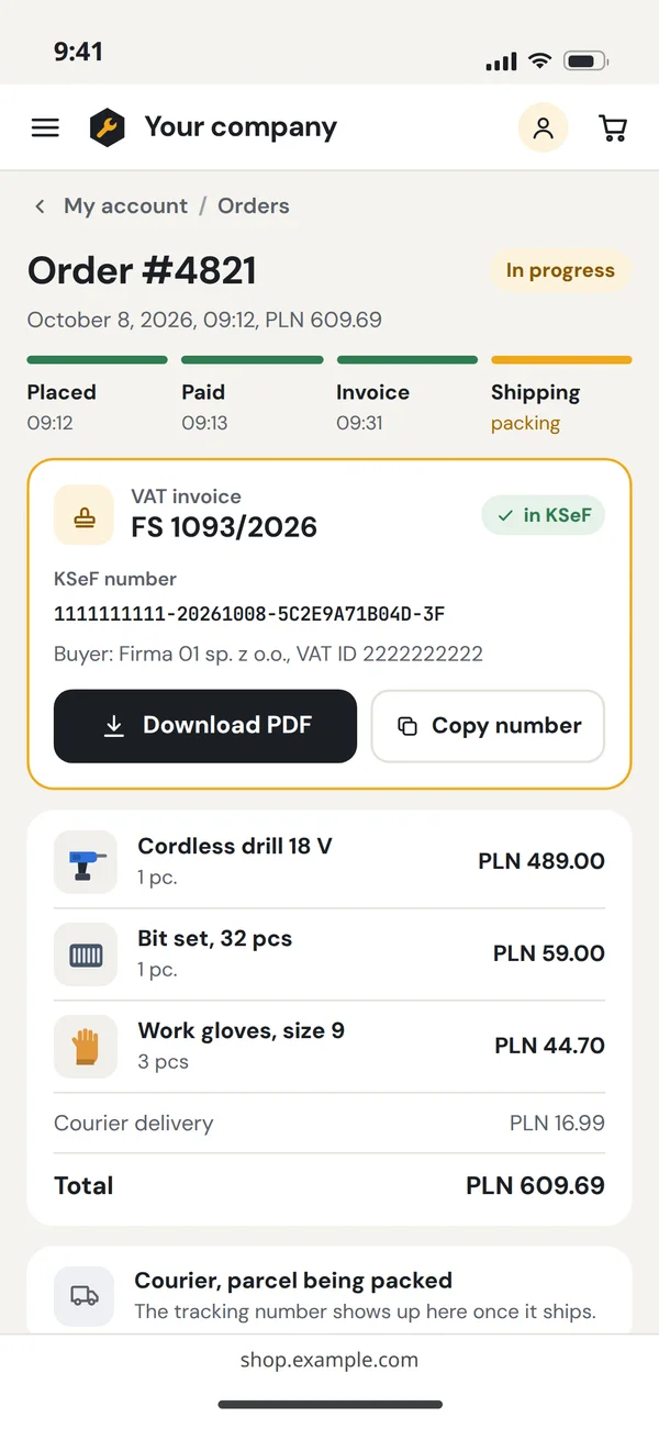The order in the shop's customer account on a phone, with the invoice and its KSeF number