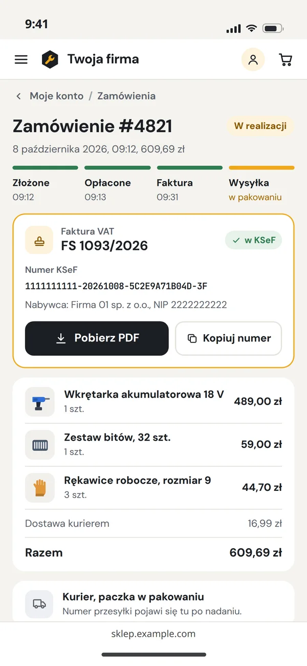 Zamówienie w koncie klienta sklepu na telefonie, z fakturą i numerem KSeF