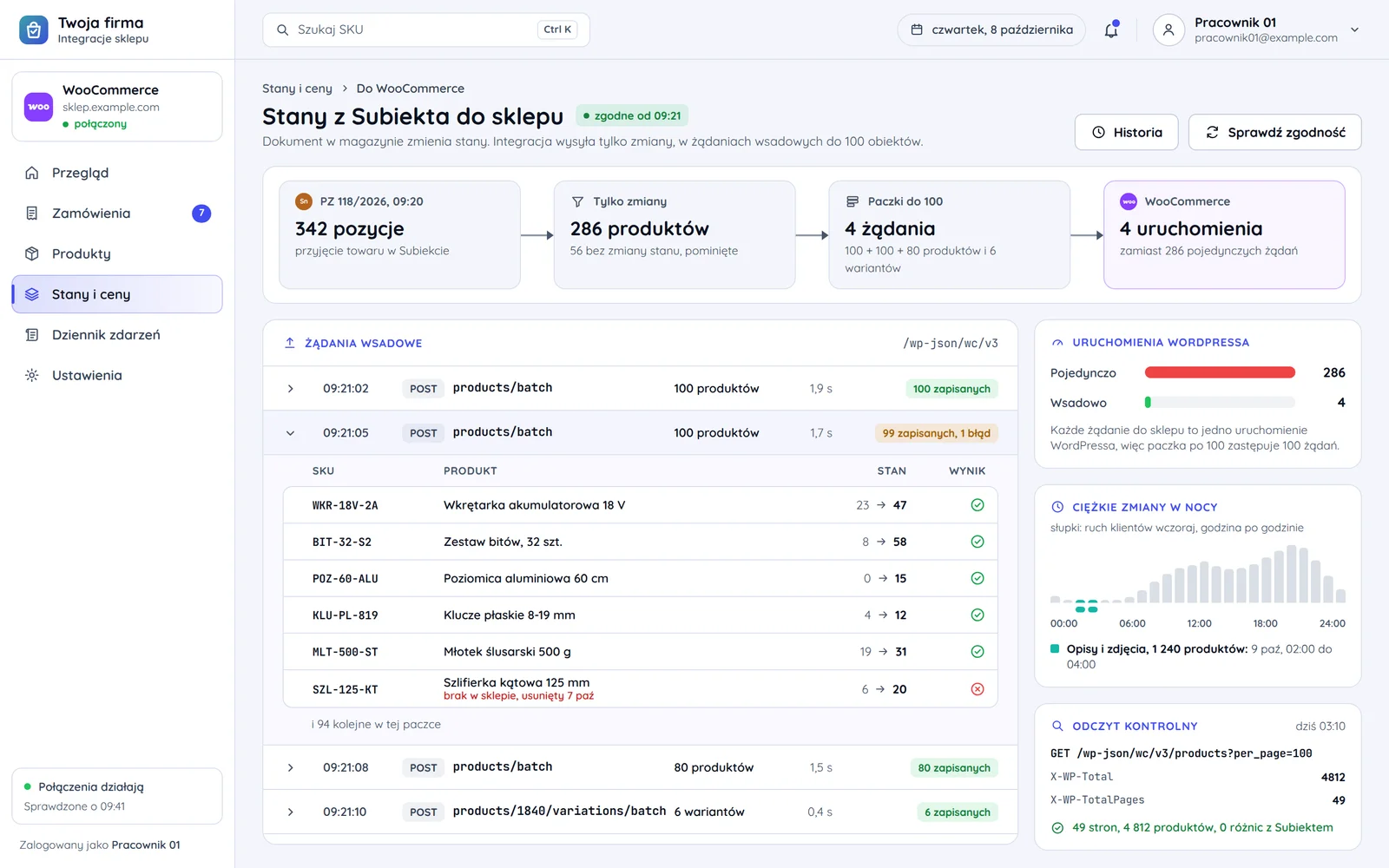 Stany z Subiekta do WooCommerce w panelu integracji: tylko zmiany, żądania wsadowe po 100 produktów i odczyt kontrolny z nagłówkami sum
