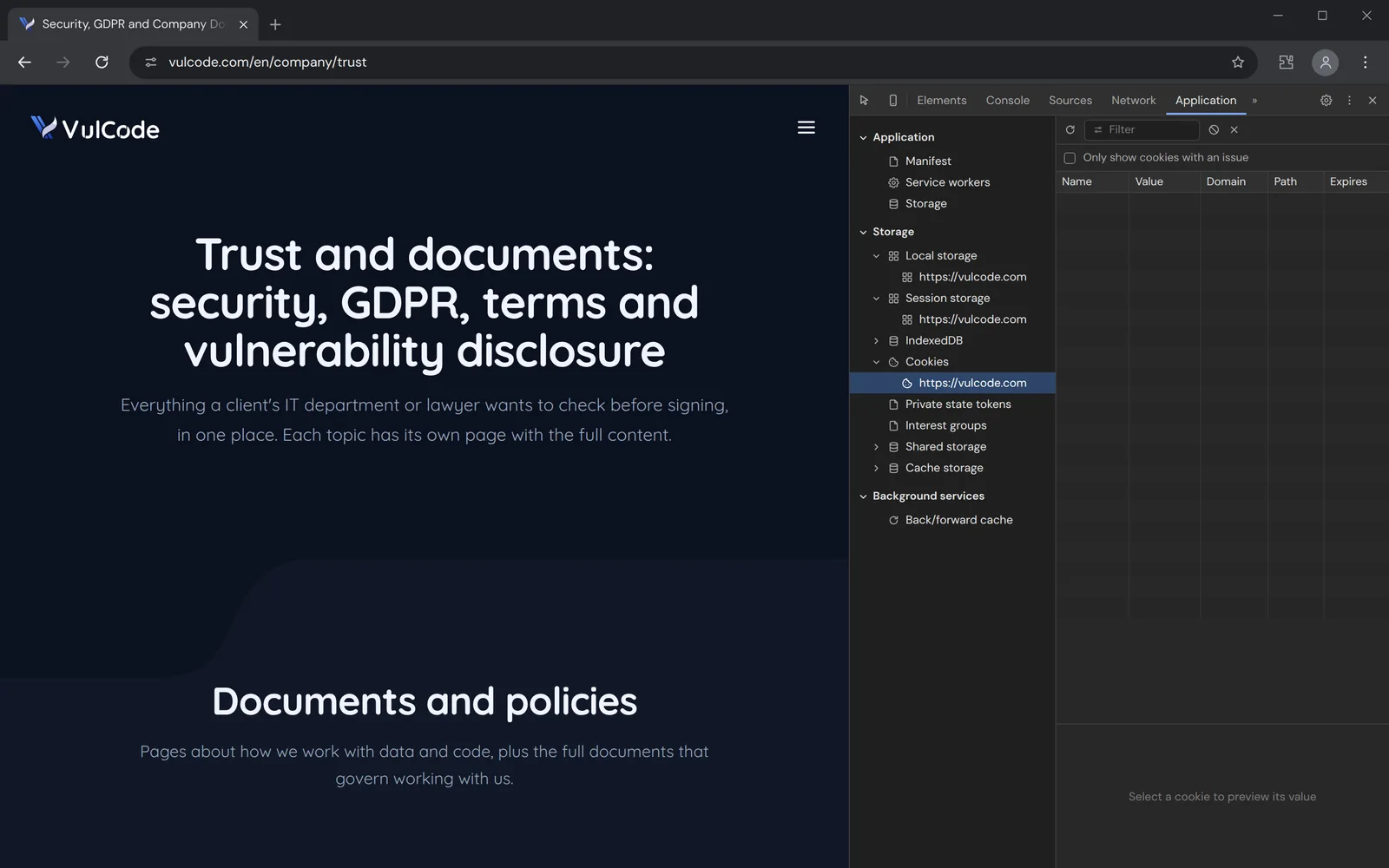 The Trust and documents page with browser tools showing no cookies