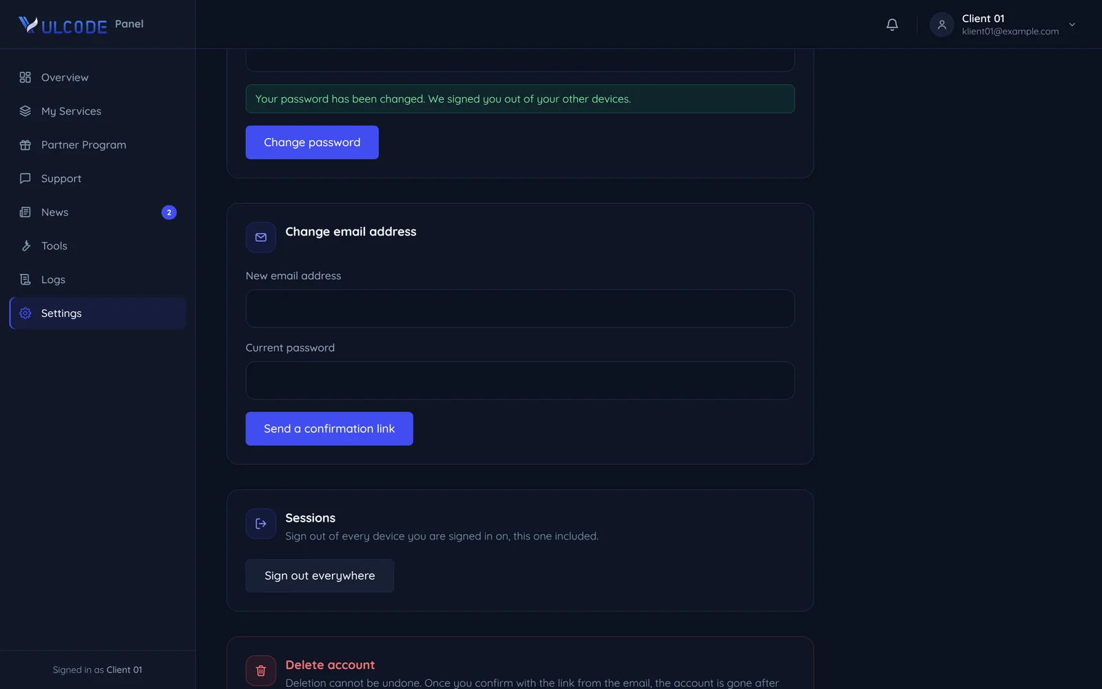 Account settings with a password change and signing out everywhere