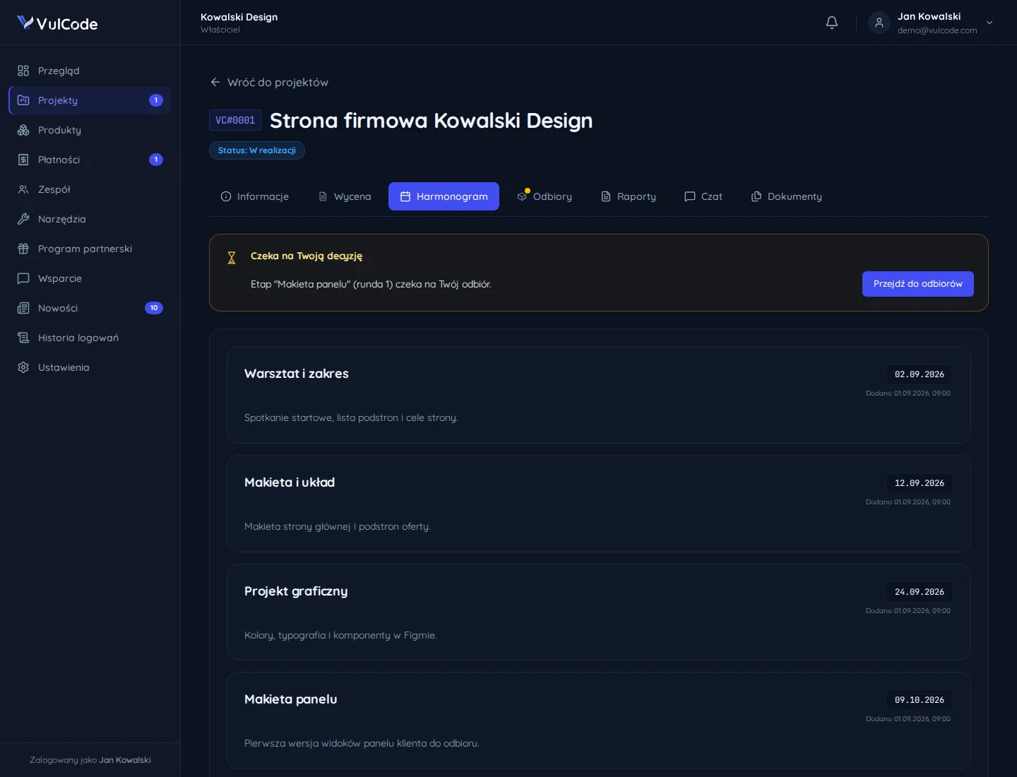 A project schedule in the client panel on a demo account