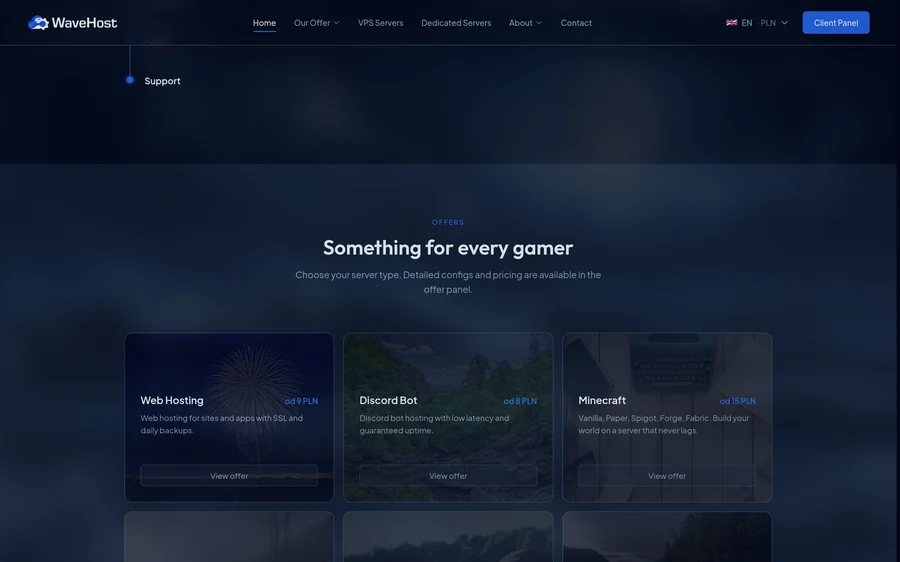 Offers on the WaveHost site: service cards with starting prices