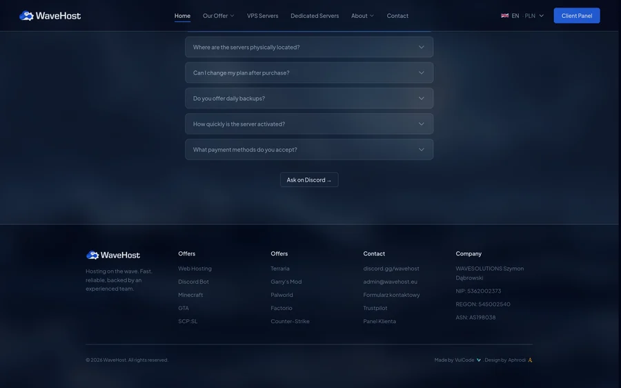 Questions and the footer of the WaveHost site